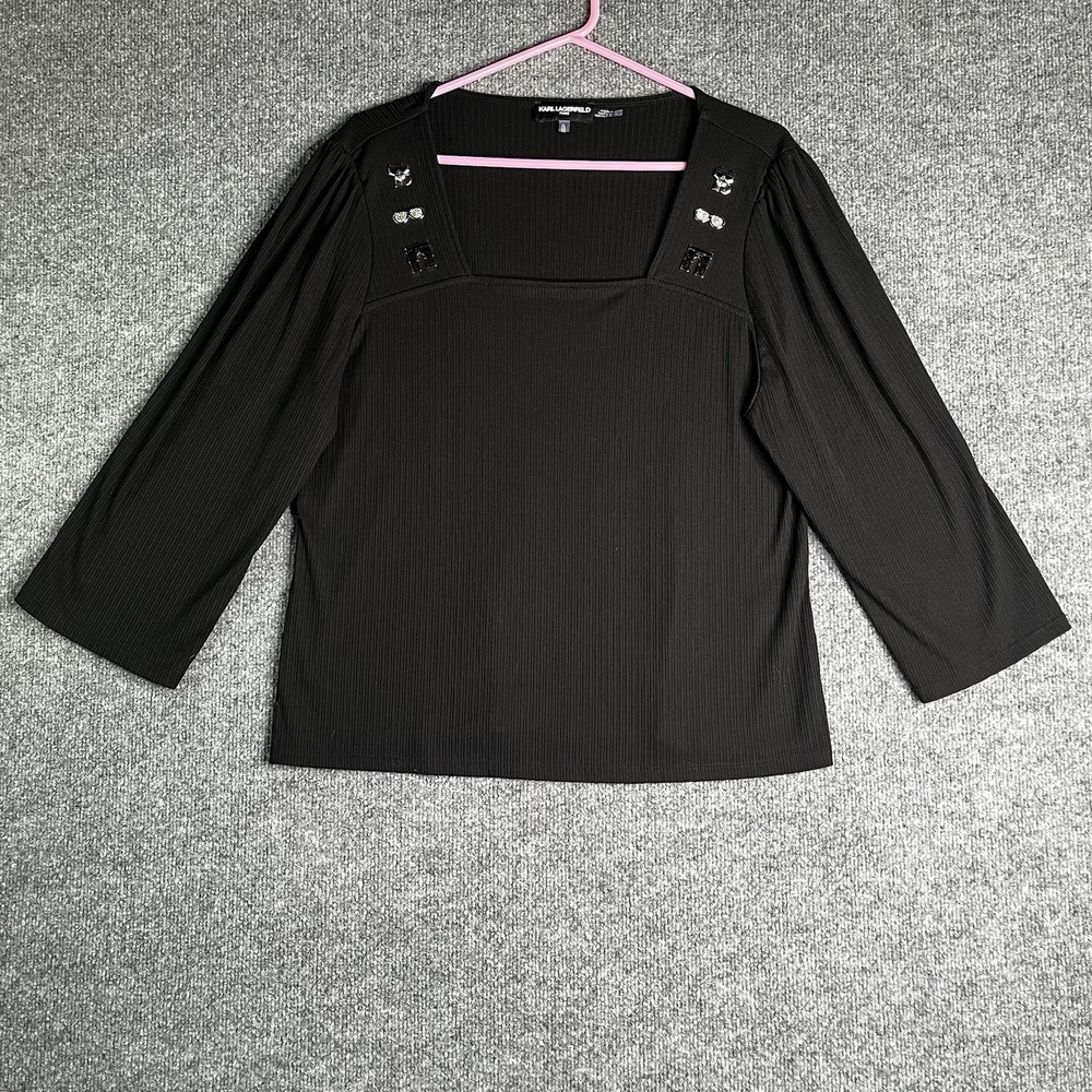 Karl Lagerfield Paris Top Women XL Square Neckline Chic‎ Embellished Black